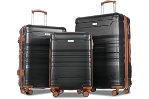 Merax Luggage Set 3 Pcs Suitcase, Hardside Suit case with Spinner Wheels Lightweight with TSA Lock, Dark Black/Brown, 20/24/28 Inch
