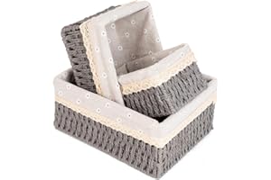 AGIRLVCT Wicker Baskets for Organizing,Natural Paper Rope Large Small Basket Set with Liner,Hand Woven Pantry Organizer & Storage for Women Girls Bathroom Living Room School Desk Shelves Décor(3 Pack Grey)