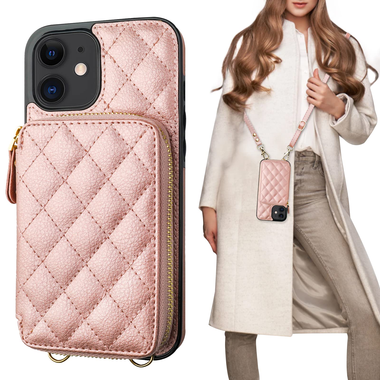 Photo 1 of Bocasal Crossbody Wallet Case for iPhone 12/12 Pro, RFID Blocking PU Leather Zipper Handbag Purse Flip Cover, Kickstand Folio Case with Card Slots Holder Wrist Strap Lanyard 5G 6.1 Inch (Rose Gold)