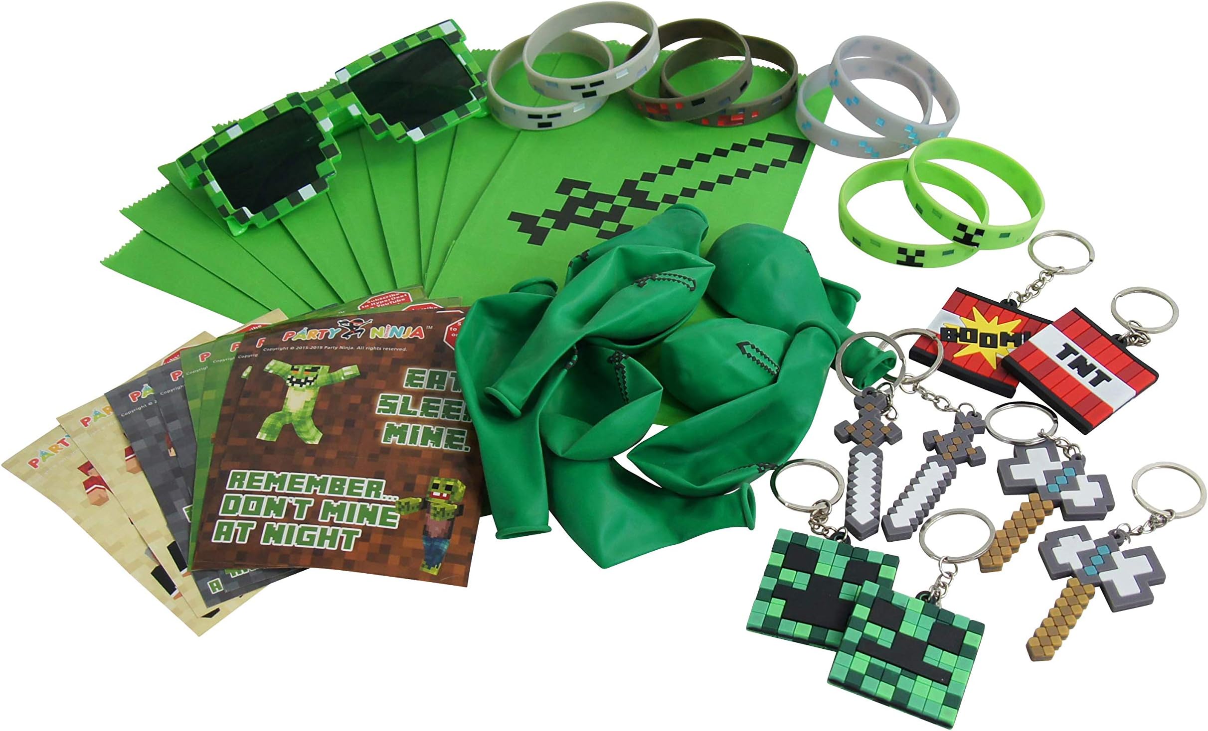 Pixel Miner, Crafting Style Birthday Party Favors Sets (8-Pack) - Birthday Party Supplies Kit - Party Bags, Stickers, Wristbands, Backpack Hangers/Keychains, Balloons, ONE Bonus Pair of Sunglasses