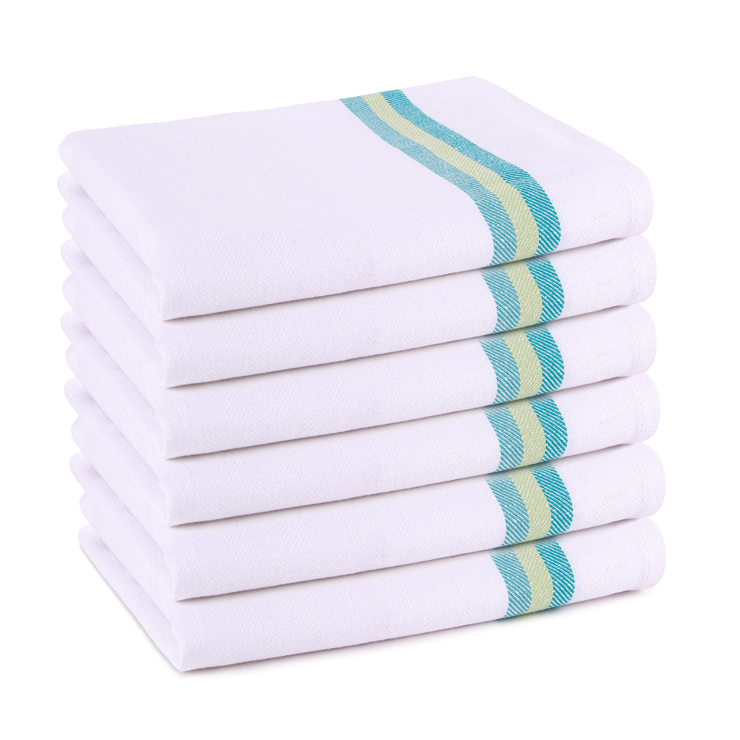 Pagnanno. Tea Towels, Soft and Absorbent – Multi Pack of Large Classic Herringbone Weave, Lint Free, Cotton Kitchen Dish Towels 45x70 cm in White with blue, green and orange stripes (Green Stripe, 6)