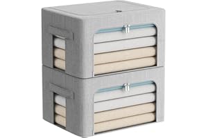 FHSQX 2 Pack Clothes Storage Bins Stackable Metal Frame Storage Box Foldable Linen Fabric Organizer with Carrying Handles and Clear Window (Light Gray, 15.7x 11.8x 7.8Inch)
