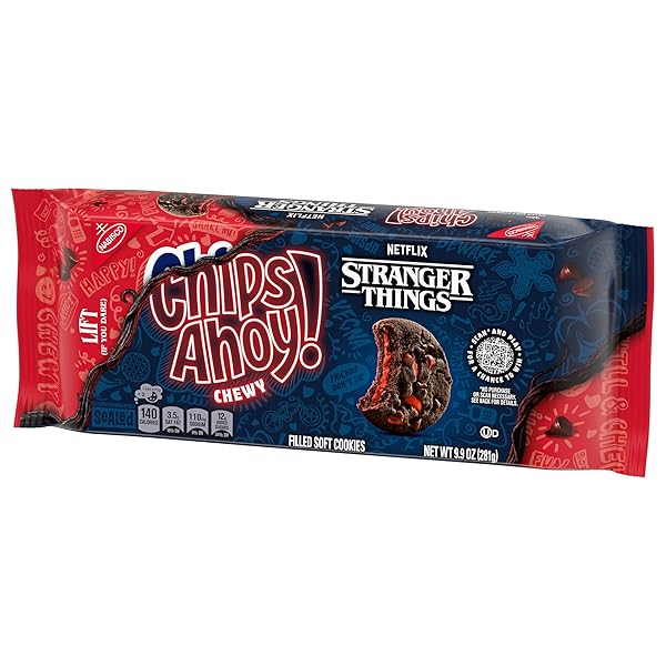 CHIPS AHOY! STRANGER THINGS CHEWY CHOCOLATEY STRAWBERRY-FLAVORED FILLED SOFT COOKIES, LIMITED EDITION, 9.9 OZ