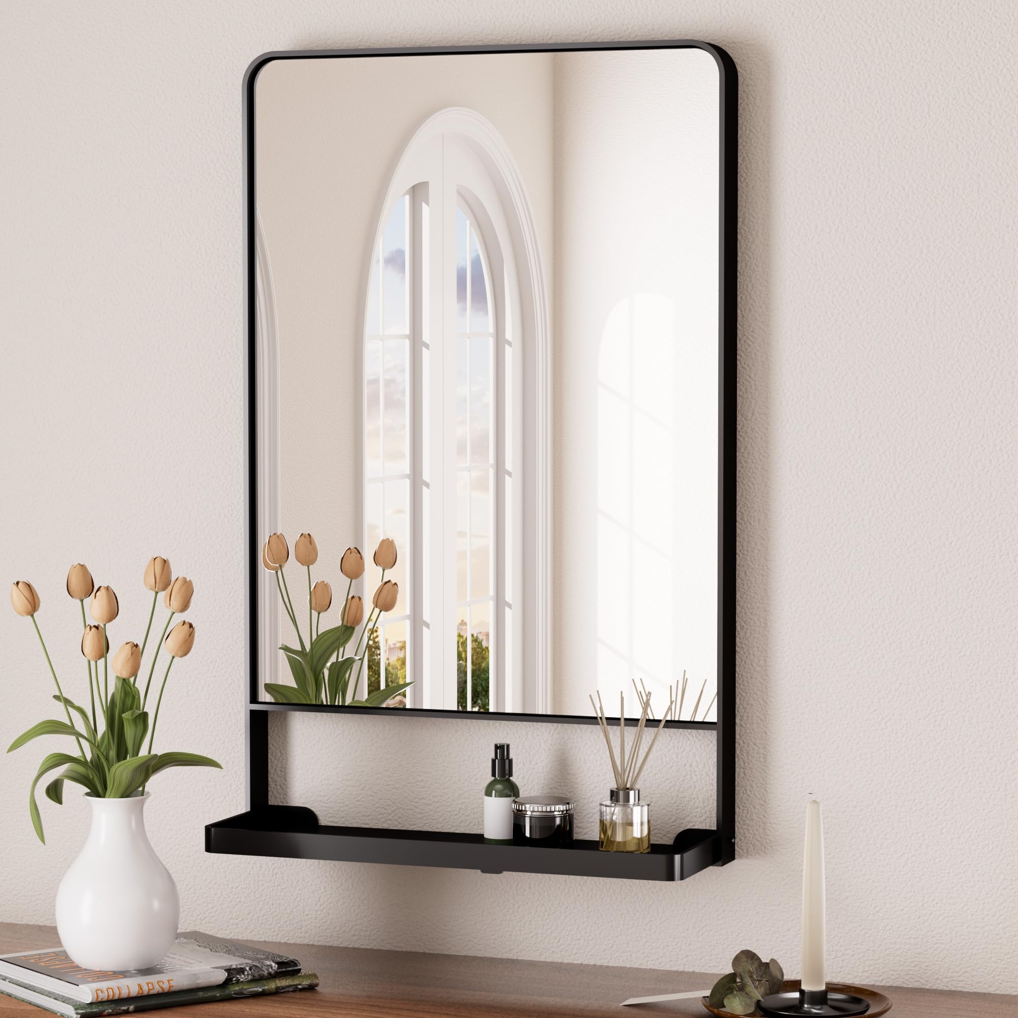 Photo 1 of **HAS MINOR DEFECT ON MIRROR SHELF / CROOKED ONCE ASSEMBLED** Keonjinn 18x28 Inch Black Bathroom Mirror with Shelf, Rectangle Metal Bathroom Vanity Mirror with Storage, Black Rounded Corner Wall Mounted Bathroom Mirrors for Over Sink Bedroom Entryway