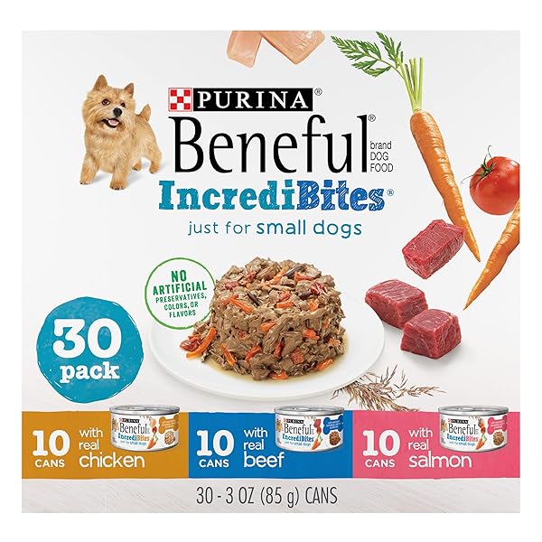PURINA BENEFUL SMALL BREED WET DOG FOOD VARIETY PACK, INCREDIBITES WITH REAL BEEF, CHICKEN AND SALMON – (PACK OF 30) 3 OZ. CANS