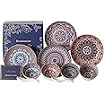 Binvertaocier Bohemia Ceramic Plates and Bowls Sets for 4 with Spoons, 12-Pcs Ceramic Dinnerware Set, Bowls and Plates Sets for 4, Colorful Bowls for Pasta Salad Dinner Dessert,Housewarming Gift
