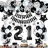 Miidenks 21st Birthday Decorations for Men Women, Black White and Silver Happy 21 Party Decor Set with 21 Number Foil Balloons, Banner, Cake Topper for Him Her