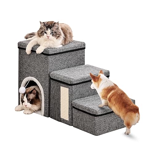 Crispedia Dog Stairs for Small Dogs with Storage and Condo, Pet Steps for Small Dogs and Older Cats, Dog Steps for Bed or Couch, 29.5x17x13.8inch, 3 Tiers, Grey