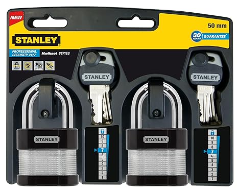 STANLEY Security 24/7 Laminated Vorhangschloss 50mm mit Standard-Bügel, 2er Pack, gleichschließend, 4 Schlüssel, S742-006, Sc