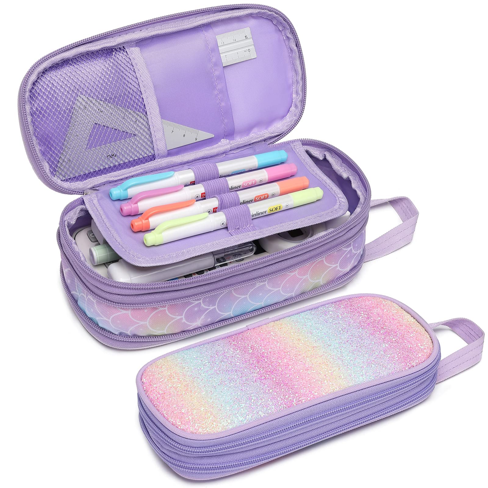 Bagseri Pencil Case for Girls - Expandable Large Pencil Pouch Cute Pencil Bag with Zip Closure for Kids Student School, Stationery Not Included (Purple, Mermaid)