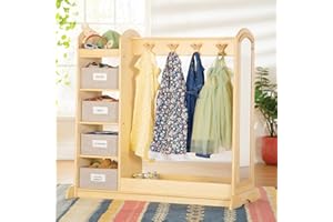 Guidecraft EdQ Dress-up Storage with Bins Natural: Kids Dress Up Rack with Mirror, Shoe Storage Shelf, and Cubbies for Costume and Pretend Play | Toddler Closet, Montessori Wood Bedroom Furniture
