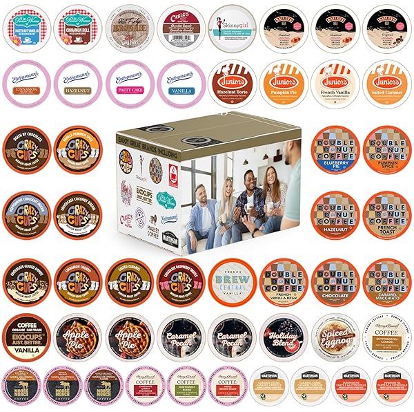PERFECT SAMPLERS FLAVORED COFFEE VARIETY PACK, INCLUDING VANILLA, CHOCOLATE COFFEE & MORE, FLAVORED COFFEE PODS FOR KEURIG K CUPS MACHINES, 50 COUNT
