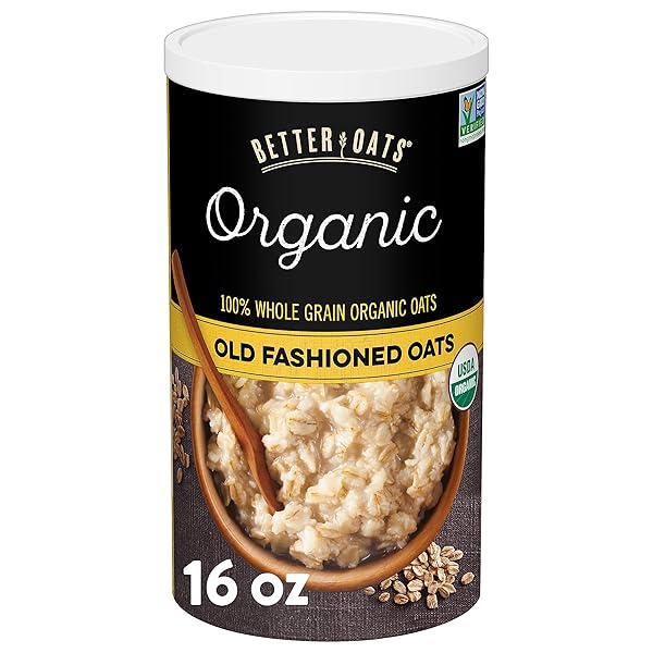 BETTER OATS ORGANIC OLD FASHIONED OATS, ORGANIC ROLLED OATS FOR OVERNIGHT OATS, HOT CEREAL, AND OTHER HOMEMADE OATMEAL RECIPES, CERTIFIED USDA ORGANIC, 16 OZ TUB