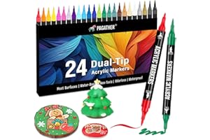 Pagather 24 Colors Acrylic Paint Markers, Dual Tip with Fine Tip and Brush Tip Pens for Stone, Wood, Calligraphy, Canvas, Ceramic, Metal, Glass, Rock Painting, DIY Crafts