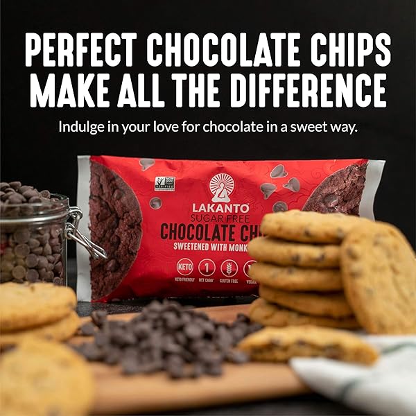 LAKANTO SUGAR FREE CHOCOLATE CHIPS – MONK FRUIT SWEETENER AND ERYTHRITOL, PERFECT FOR BAKING, PANCAKES, MUFFINS, PROTEIN BITES, MELTING, MIXING, SNACKING, GLUTEN FREE, VEGAN (8 OZ – PACK OF 1)