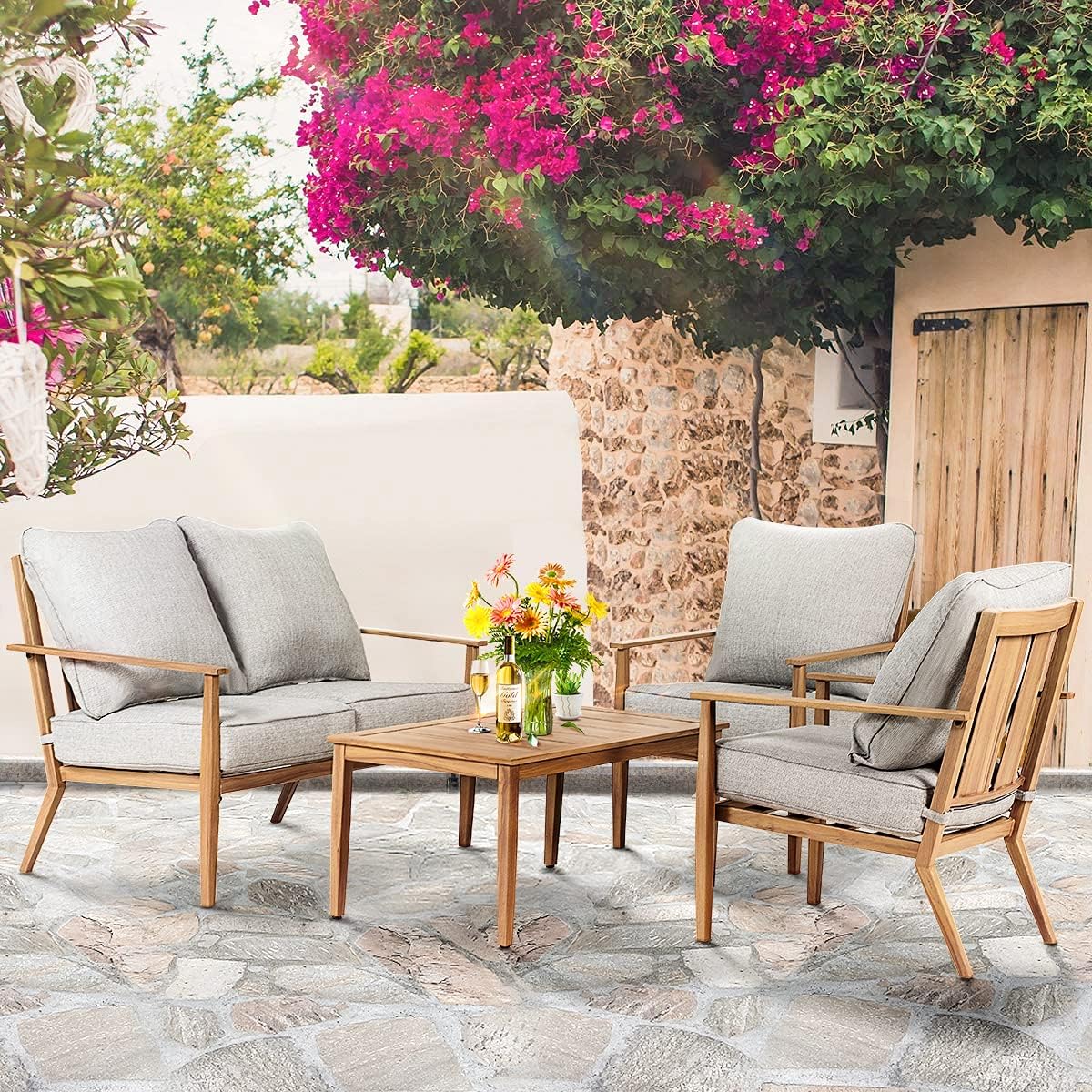 Crownland 4 Pcs Patio Sofa Outdoor Furniture Set (Loveseat, 2 Single Chairs, Coffee Table) with Water-Resistant Grey Cushions for Garden Backyard Poolside Pool