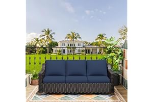 MeetLeisure 77'' Patio Sofa, All Weather Outdoor Rattan Wicker 3-Seat Sofa High Back Couch with Premium Cushions for Garden Backyard Porch(Brown/Navy)