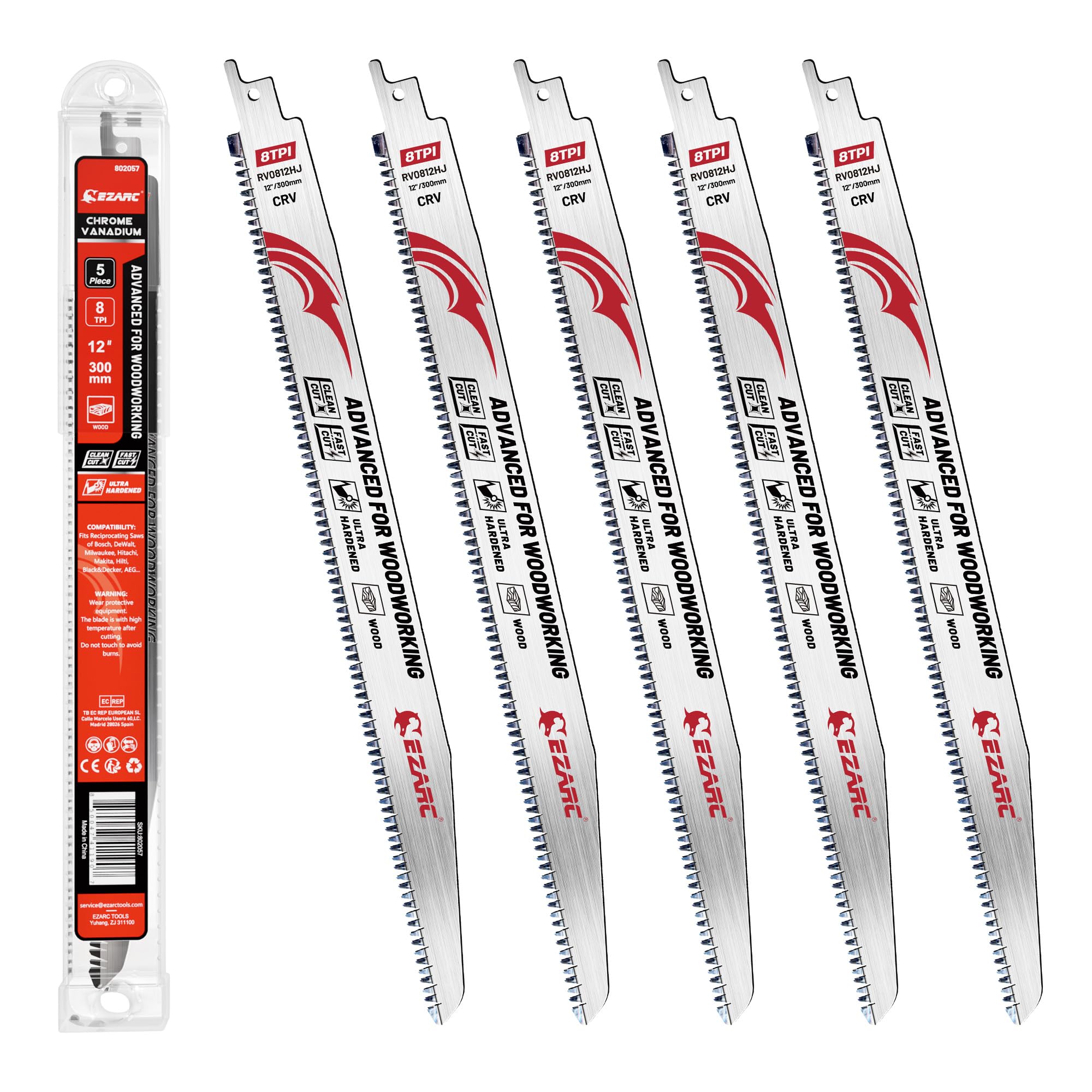 EZARC Japanese Tri-Edged Teeth Reciprocating Saw Blades 300 mm, Fleam Ground Teeth Pruning Saw Blades 8 TPI for Tree Trimming, Wood/Wet Wood Cutting, 5 Pieces