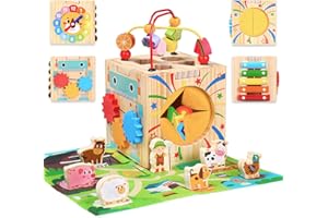 TEEKDEER Wooden Activity Cube with Map Farm Game and Mystery Box for Kids, Montessori Toys for 1+ Year Old Toddlers, One Year Old First Birthday Gift, Educational Toys for 12+ Months Baby Boys Girls
