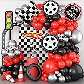 Race Car Balloon Arch Garland Kit, 103 Pcs Red Black Silver Balloons with Foil Checkered Flags and Wheels Balloons, for Racing Themed Birthday Party Supplies for Boys