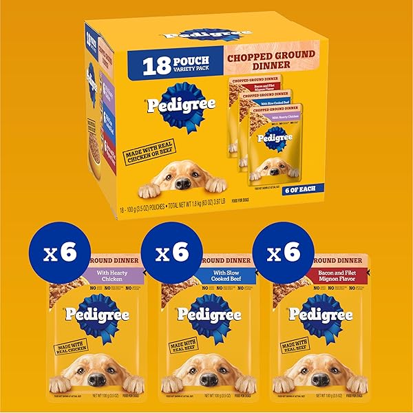 PEDIGREE CHOPPED GROUND DINNER ADULT SOFT WET DOG FOOD 18-COUNT BACON FILET MIGNON VARIETY PACK, 3.5 OZ. POUCHES