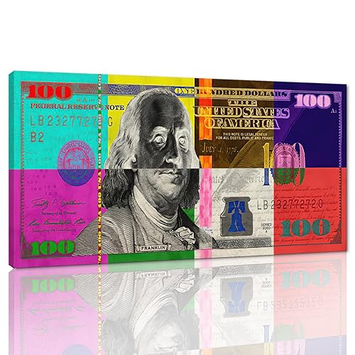 Color Money Canvas Paintings Wall Art Vivid Colorful 100 USD Print Abstract Creative Benjamin Franklin Hundred Dollar Bill Artwork Modern Home Office Decoration, Framed & Easy to Hang-48 Wx24 H