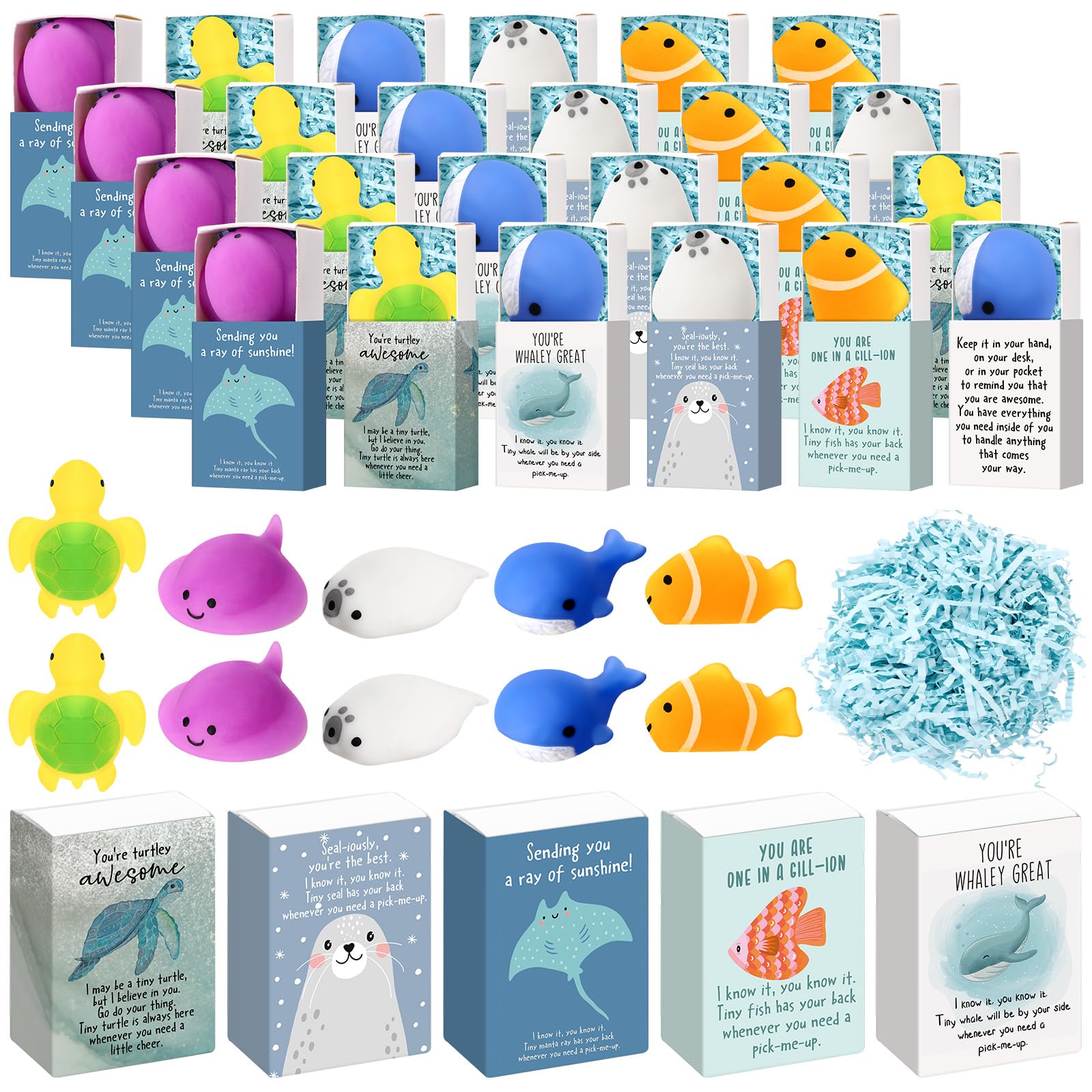 Photo 1 of Wettarn 25 Sets Sea Animal Positive Gifts Cute Stress Balls with Support Gift Boxes Inspirational Party Favors for Employee Coworker Friends Office Appreciation Relief Toys