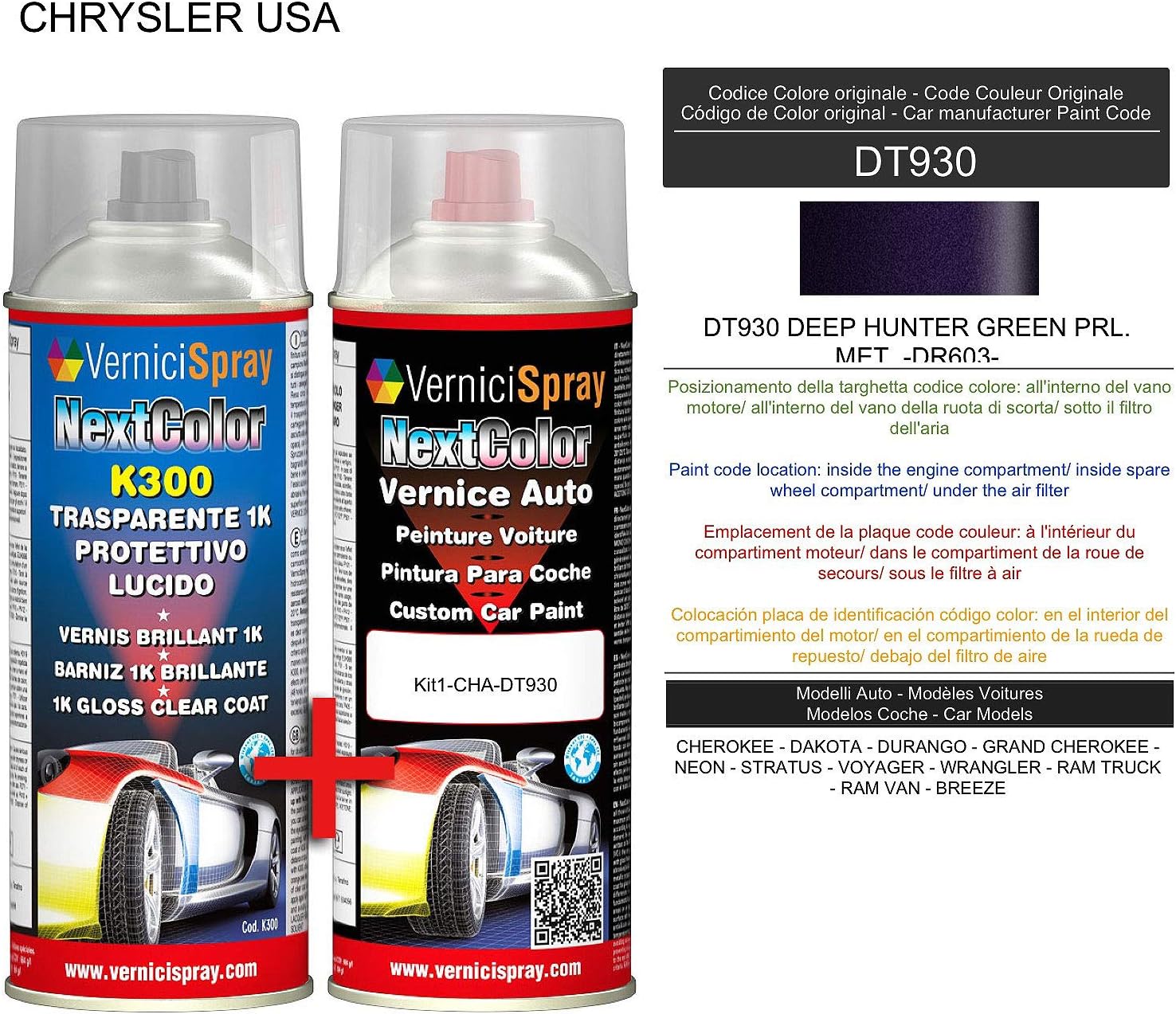 Automotive Touch Up Kit - Car spray paint in metallic/pearl colour DT930 DEEP HUNTER GREEN PRL. MET. -DR603- and Gloss Clear Coat, 400 ml Spraycans by VerniciSpray