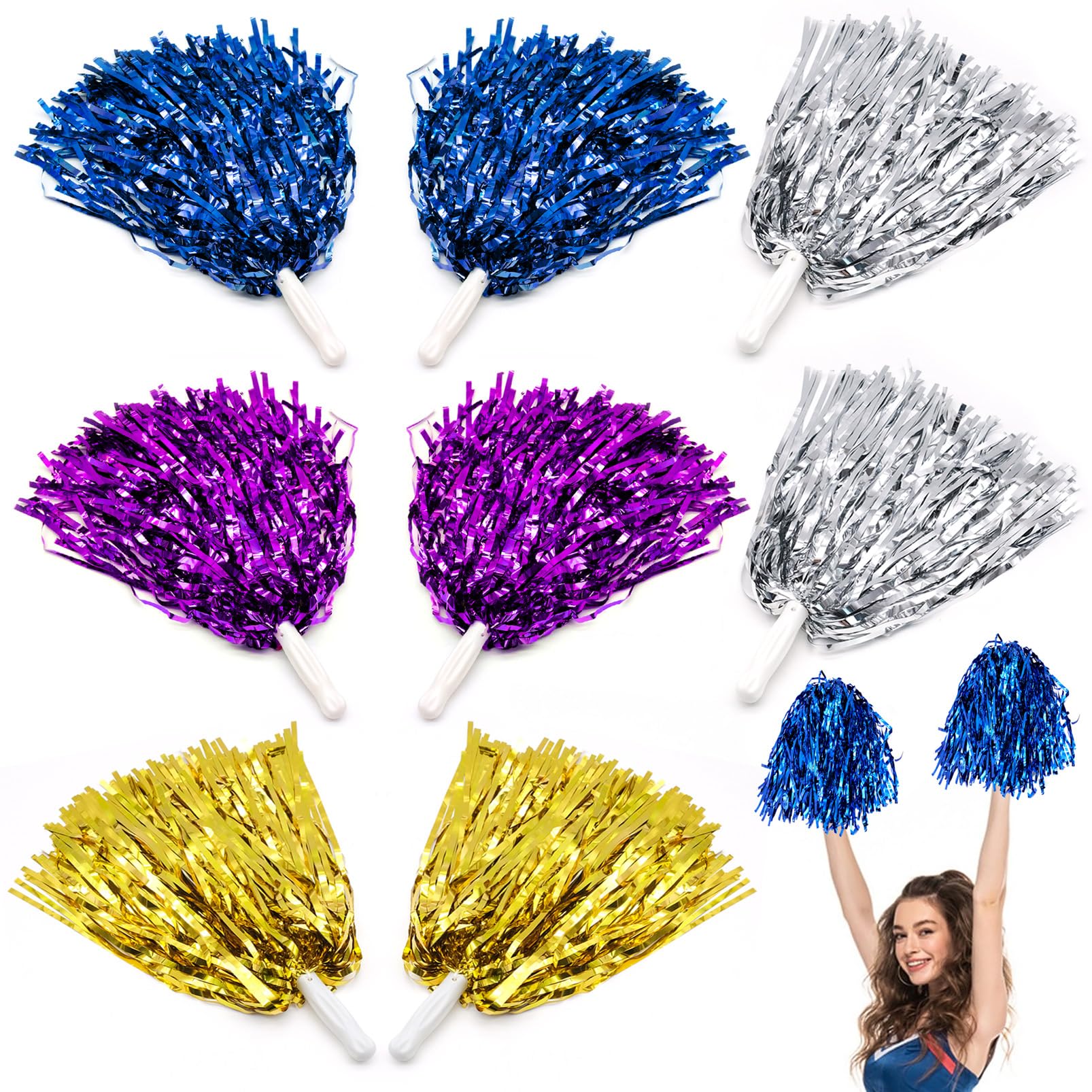BLLREMIPSUR 8 Pieces Cheerleader Pompoms Hand Flowers, Metallic Foil Cheerleading Poms with Handle for Sports Matches, Stage Performance, Holiday Celebration