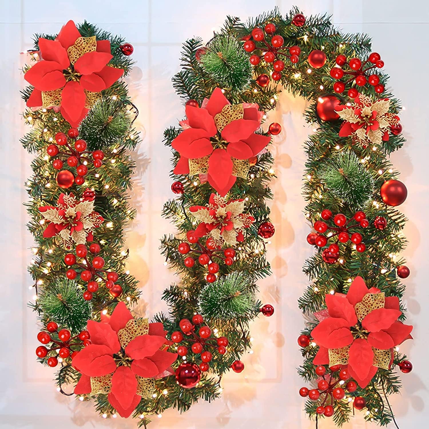 Wreaths, Garlands & Swags - Christmas Garland,Christmas Garland with Lights,Outdoor Christmas Garland,9ft pre-lit Christmas Garland for Interior Decoration,Fireplaces,Stairs,Door Christmas Garlands Decorations Battery Operated