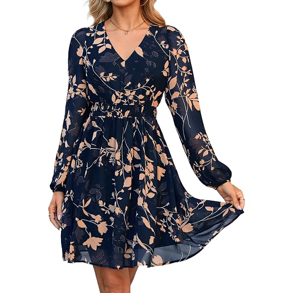 Prettywear Wedding Guest Dresses for Women 2025 Spring Summer Fall Chiffon  Wrap Neck Flowy Mini Long Sleeve Dress at Amazon Women's Clothing store
