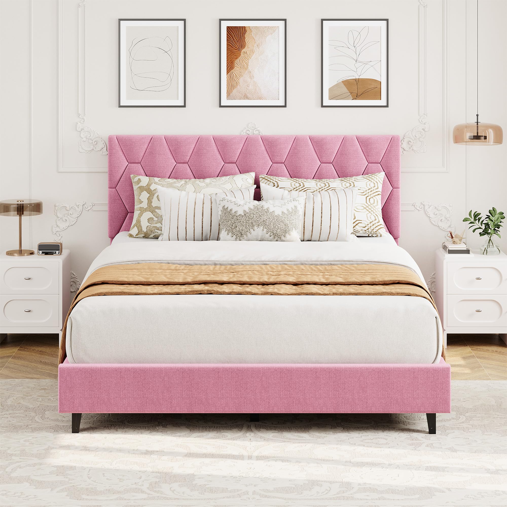 Photo 1 of **MISSING HARDWARE**GarveeHome Pink Queen Bed Frame with Upholstered Headboard, Heavy-Duty Platform Bed Frame with Strong Wood Slats, No Box Spring Needed/Noise Free/Easy Assembly