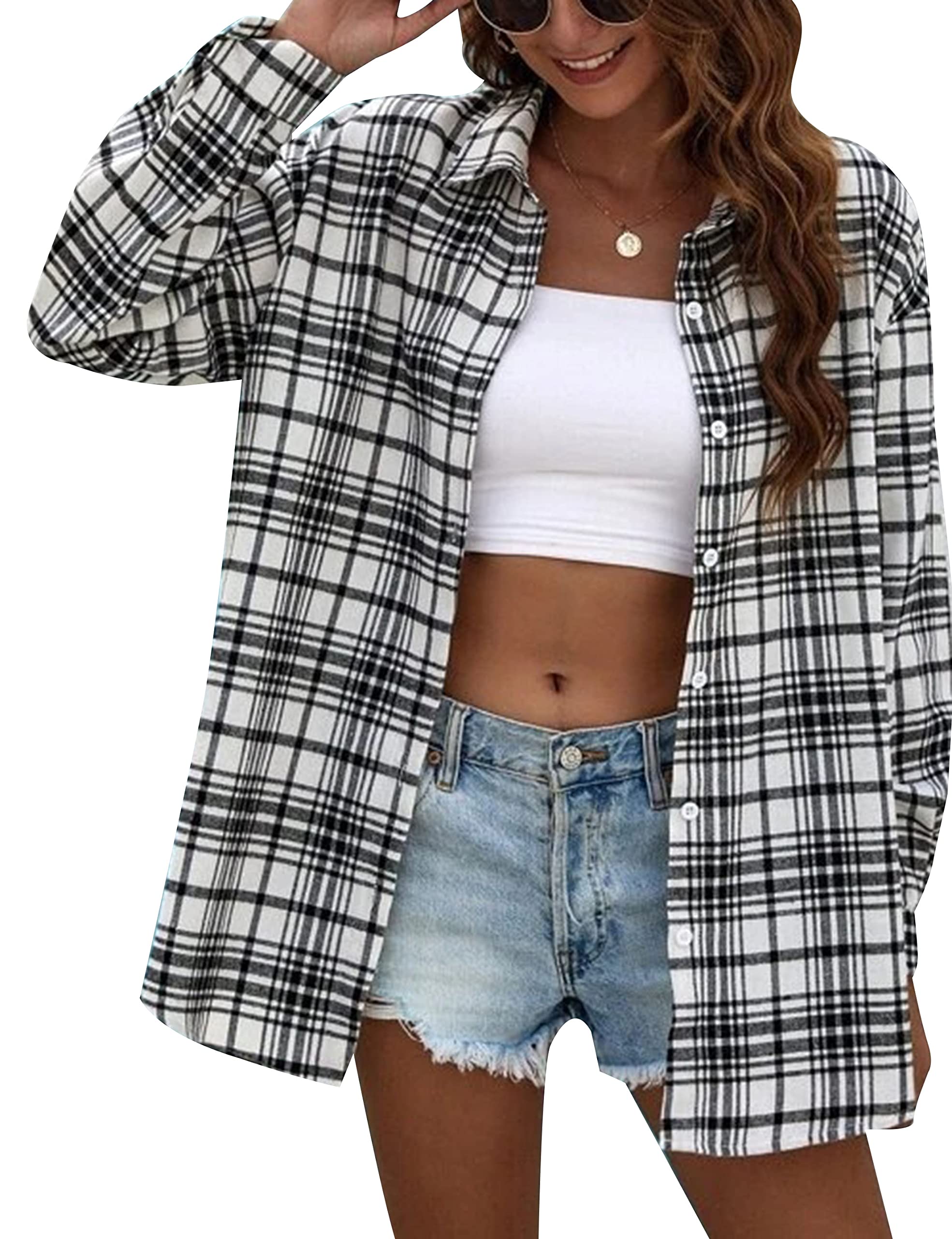 Women's Checked White Oversized Button-Down Flannel Shirt