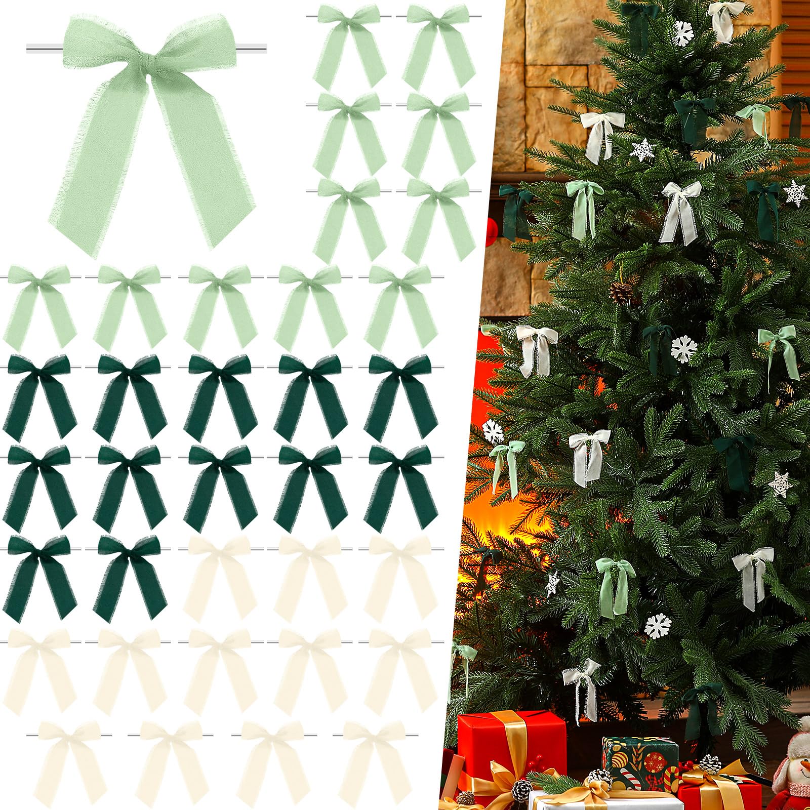 Photo 1 of Arrowbash 36 Pcs 3.5" Christmas Chiffon Silk Bows for Tree, Christmas Hanging Ornaments, Pre-Tied Ribbon Bows with Twist Ties for Gift Wrapping, Crafts, Treat Bags, Party Favors(Light Color)