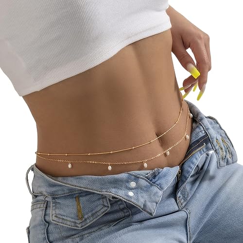 Women Multi-Layered Long Metal Big Pearl Waist Chain Belt Bikini Pearl Waistband White Pearl Tassel Hip Belly Body Chain Festival Rave Waist Belt Outfit Dress Pearl Belt