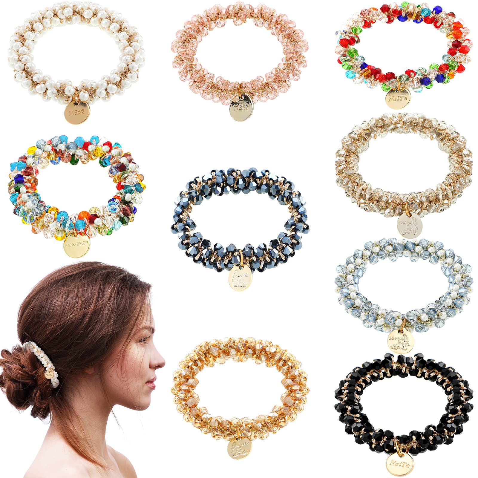 Photo 1 of Yinder 9 Pcs Hair Ties Crystal Elastic Hair Scrunchies Stretchy Accessories Bead Ponytail Holders Boho Elastics Ties Handmade Bands for Women Rubber Bands (Cute Style)