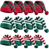 linastu 12 Pcs Christmas Knitted Elf Hats for Adults, 3 Color Beanie Winter Hats with Pompom Bulk Crochet Christmas Caps for Women Men