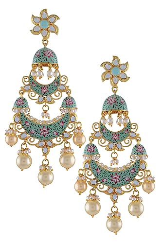 Amrapali Malya Gold Plated Sea Green Floral Jhumki Lotus Pearl Earrings for Women (BM(EER)17-54)