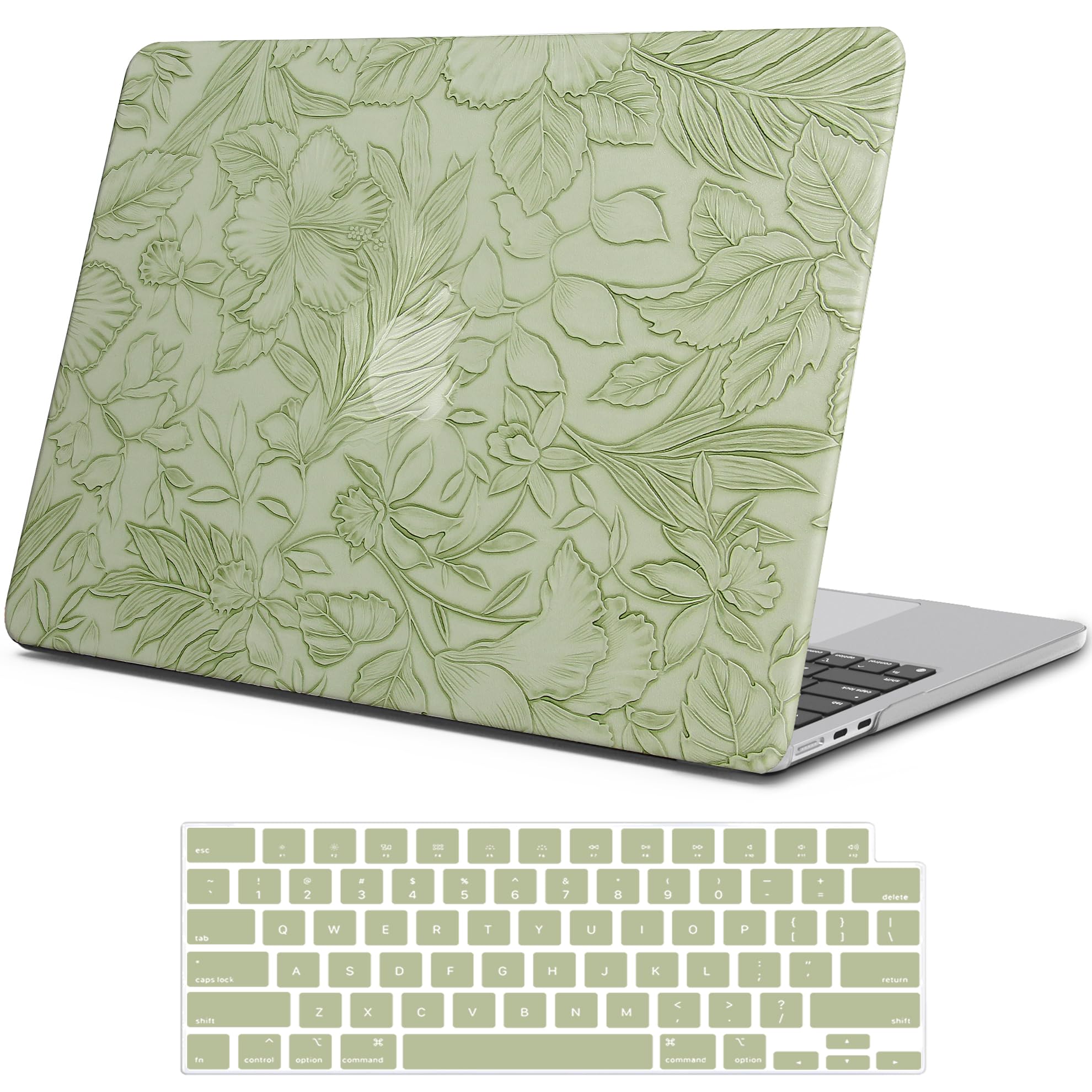 Photo 1 of iPAPA Compatible with MacBook Air 13 inch Case 2025 2024 2023 2022 M4 A3240 M3 A3113 M2 A2681, Elegant Texture Leather Hard Shell Case +Keyboard Cover for MacBook Air 13.6 inch, Green Embossed Floral