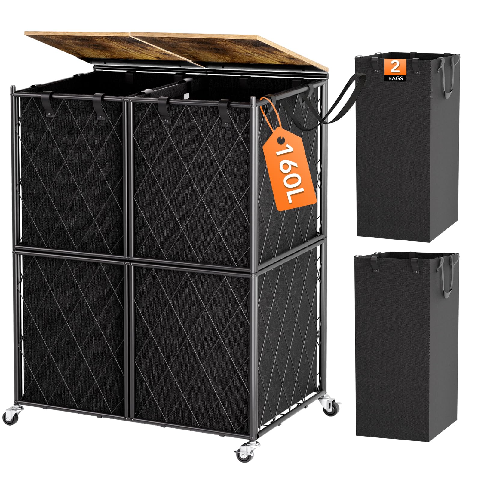 Photo 1 of BSSN 160L Laundry Basket with Wheels, Laundry Hamper with Lid, Extra Large 2 Section Clothes Basket with Removable Waterproof Bags, Heavy Duty Metal Laundry Sorter Organizer