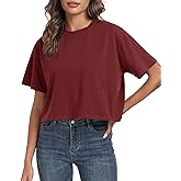 PRIMODA Women's Oversized Workout Cropped T Shirts Crew Neck Short Sleeve Casual Loose Summer Crop Tee Tops Cotton