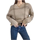 OYOANGLE Women's Plaid Crewneck Sweater Long Sleeve Drop Shoulder Dressy Pullover Knit Tops