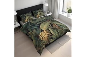 Tropical Leaf Duvet Cover King Size, Botanical Jungle Leaf Bedding Set 3 pcs with 2 Pillow Covers, Green Leaves Bedroom Decor