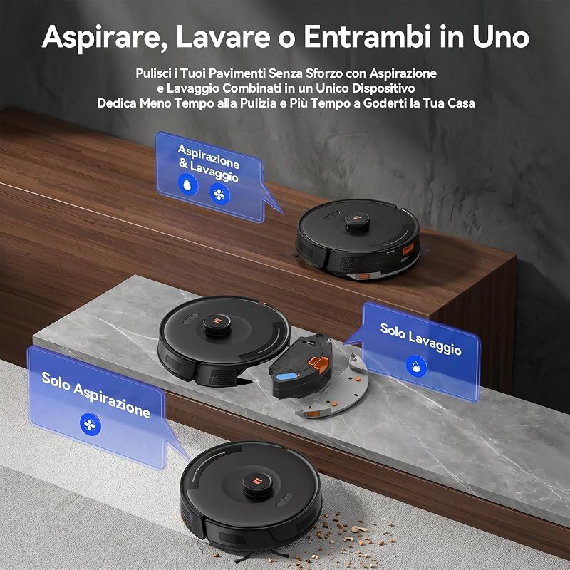 D8 Pro Aspirapolvere Robot Lavapavimenti, 38000Pa Aspirapolvere Robot con Mappatura, Anti-Avvolgimento Peli, Navigazione LiDAR, Robot 4-in-1 Aspira e Lava per Pavimenti/Moquette