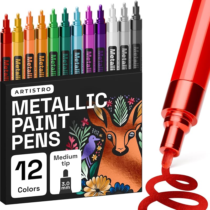 ARTISTRO 12 Metallic Paint Pens 3.0mm Tip for Rock Glass Wood Fabric