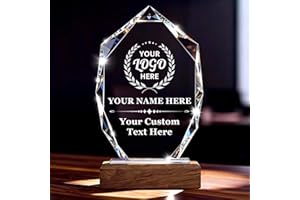 Custom Crystal Trophy Award with Wood Base, Personalized Plaque Engraved with Logo Text for Retirement, Difference Maker, Emp