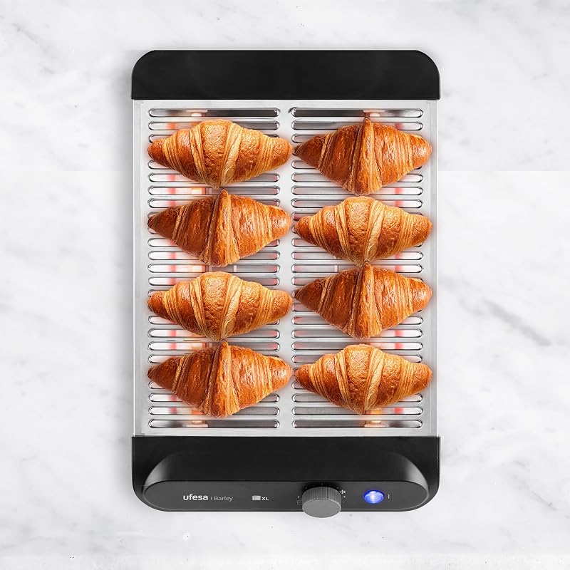 Tostador Plano Barley, 900W con 3 Resistencias de Cuarzo, Tostador Horizontal de Acero Inoxidable, Tamaño XL para 4 Rebanadas, 7 Niveles, Recalentar y Descongelar, Bandeja Recogemigas, Bollería