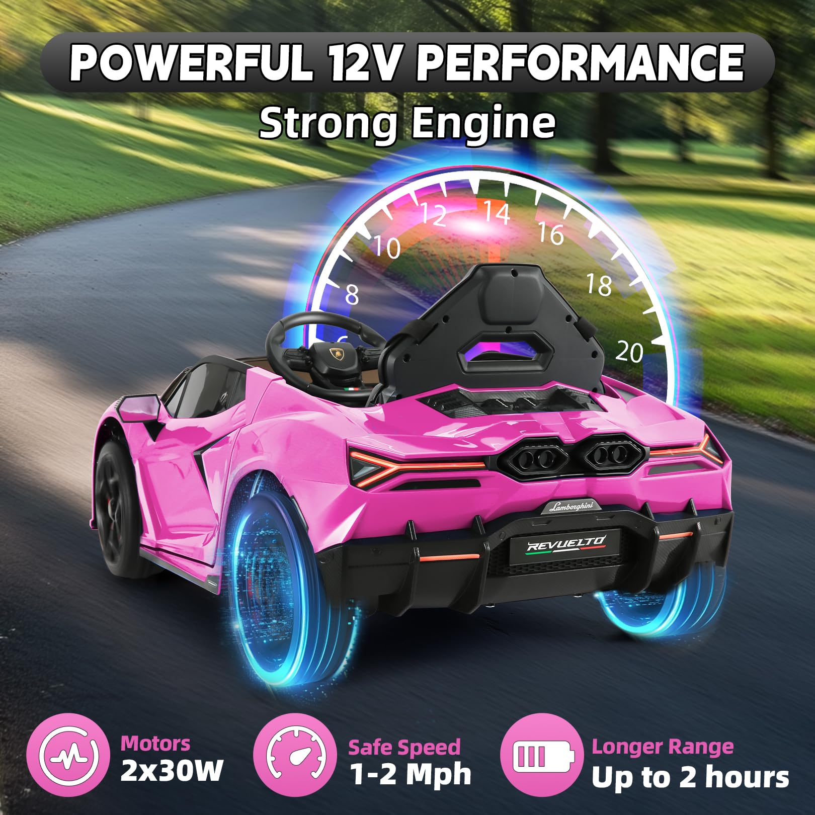 Hikole Lamborghini Toy Car, 12V Electric Sport car, with Remote Control, Motorized Cars for Toddlers, Hydraulic Doors, Brake Caliper, 3 Speeds, Safety Belt, Music/USB/Bluetooth, Hot Pink