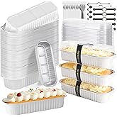 OBXMLFY Mini Loaf Pans With Lids And Spoons 100 Pack,6.8 Oz Rectangle Mini Individual Cake Tins, Disposable Small Aluminum Foil Baking Pans, Baking Containers for Party and Picnics (White)