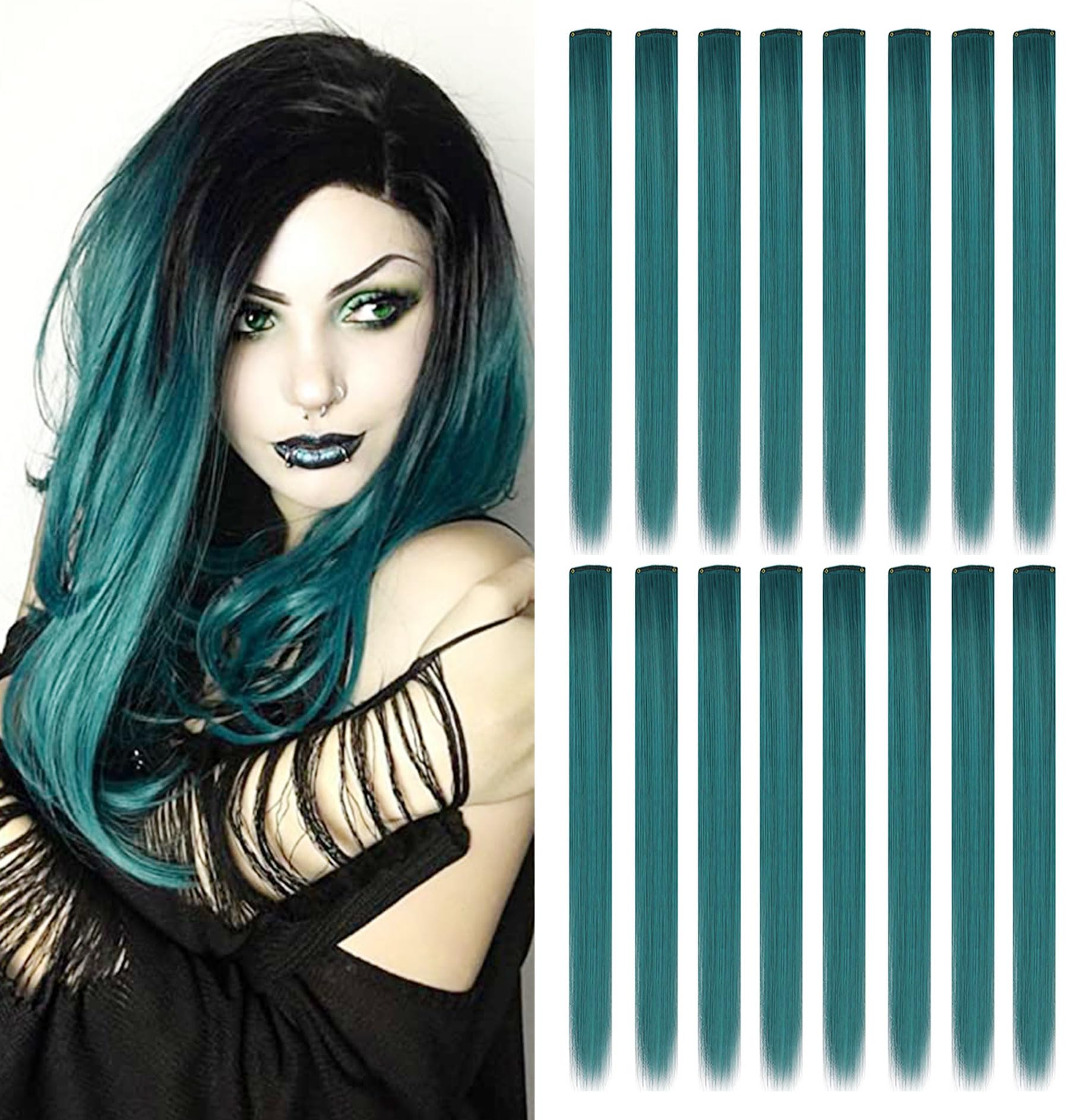 SHKJCHP 16PSC Teal Hair Extensions Clip in 21"/55cm Long Straight Hair Heat Resistant Wig Hairpieces For Girls Women Cosplay Hair Accessories (Dark teal)
